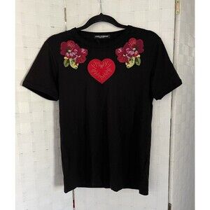 NWT Dolce & Gabbana Women's Black Cotton Floral Heart Embroidered T-Shirt Size M